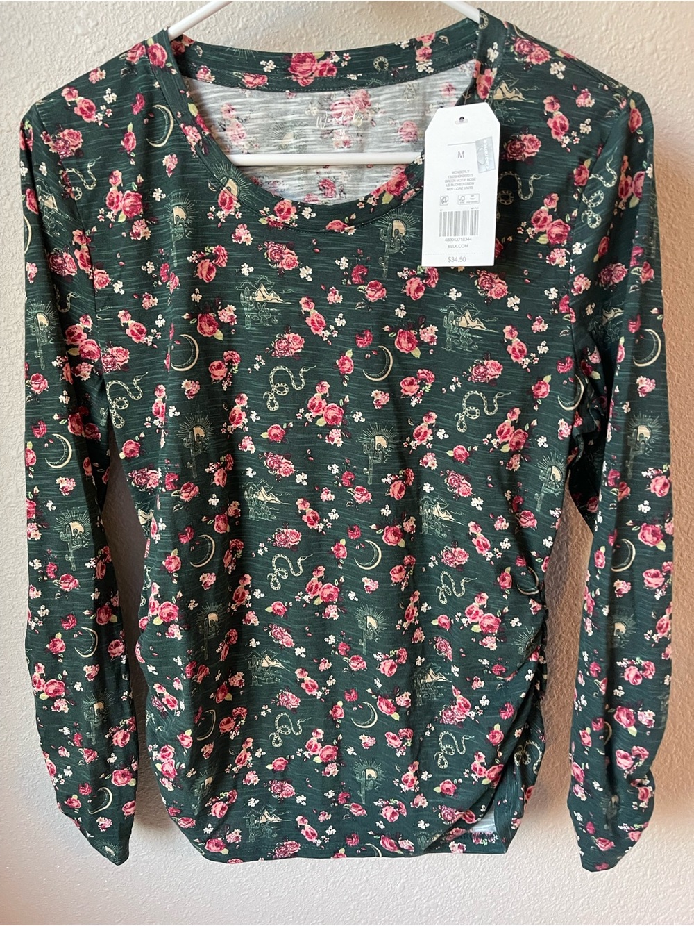 Wonderly Dark Green Long-Sleeve Crewneck with Pink Rose Print